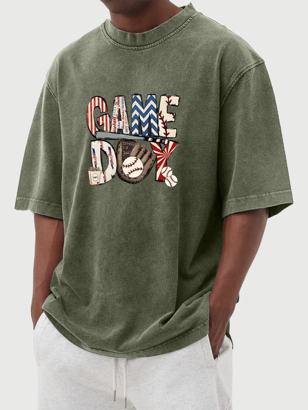 Men's Vintage Washed Baseball Game Day Printed Short-sleeved T-shirt