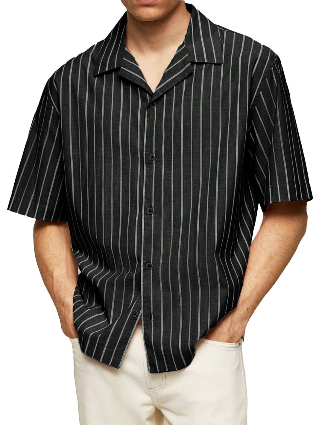 Men's Casual Striped Printed Cuban Collar Short Sleeve Shirt