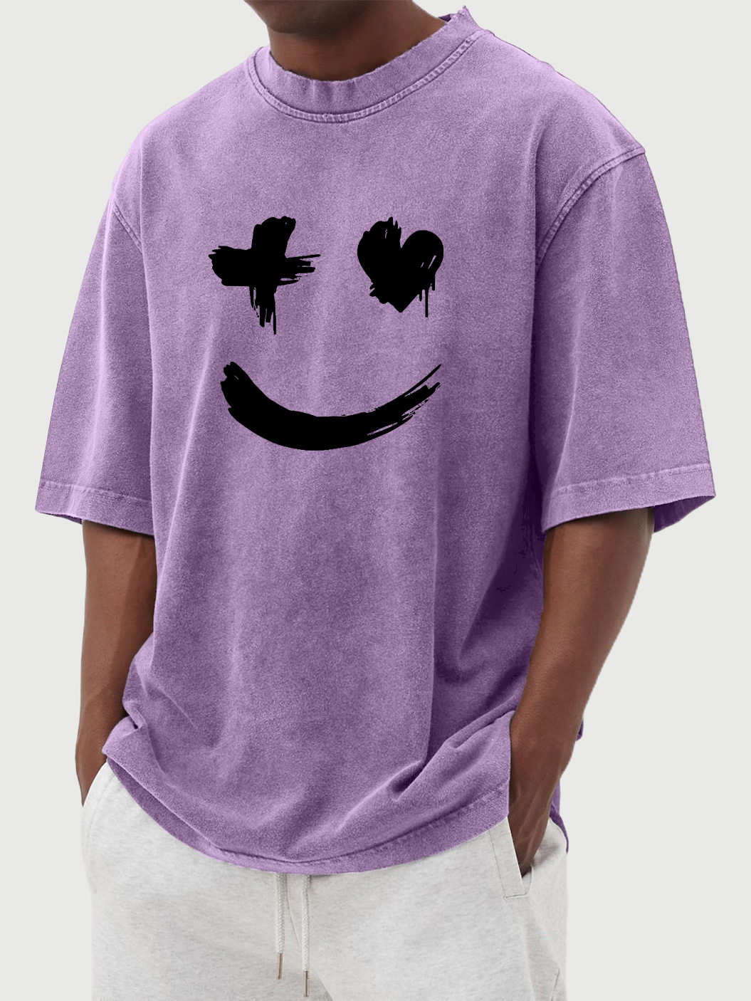 Men's vintage washed distressed heart smile print short-sleeved T-shirt