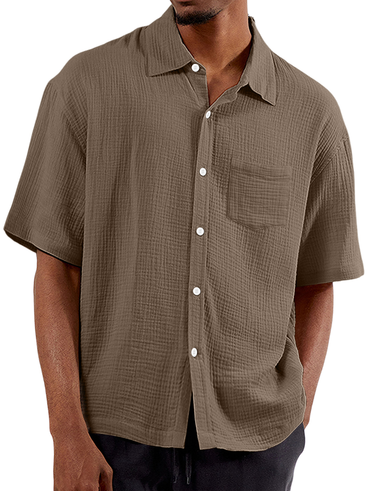 Men's Summer Solid Color Pleated Lapel Pocket Comfort Short Sleeve Shirt