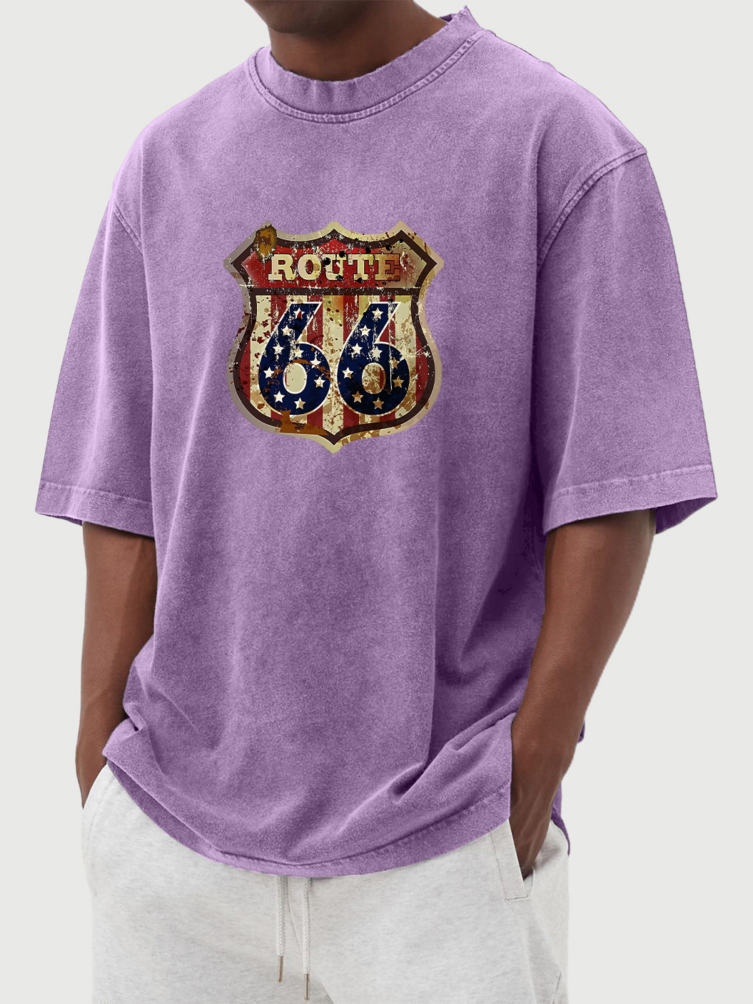Men's vintage washed distressed Route 66 printed short-sleeved T-shirt