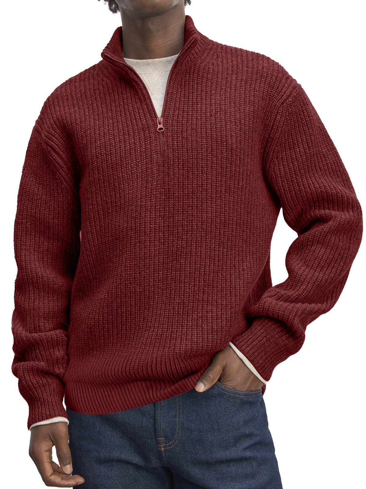 Men's Casual Stand Collar Zipper Solid Color Comfortable Knitted Sweater