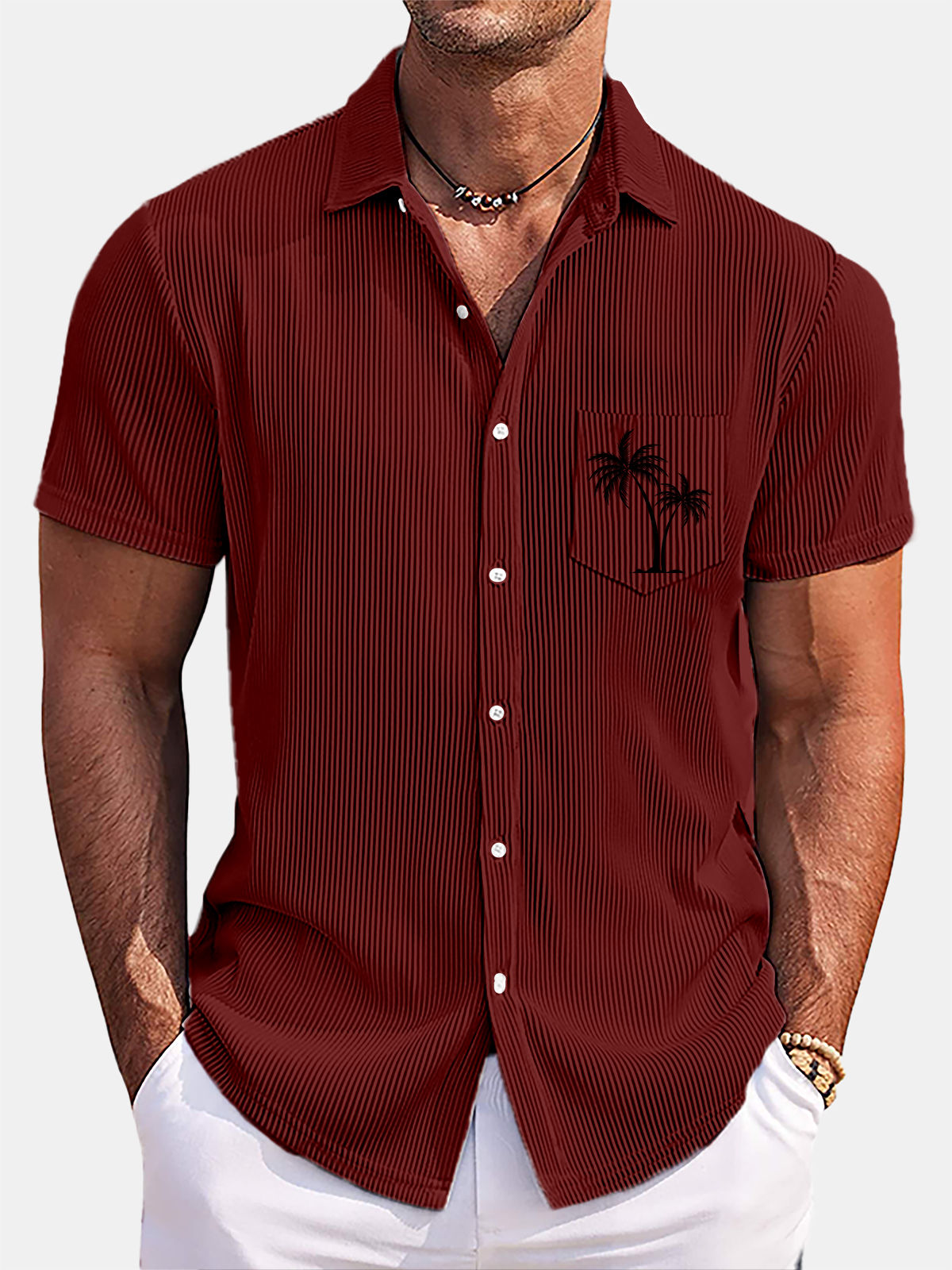 Men's Hawaiian Coconut Strip Solid Color Comfortable Short Sleeve Shirt