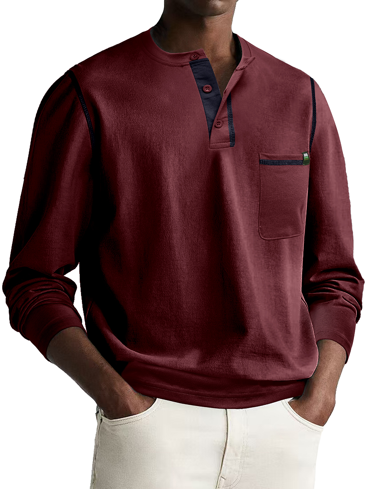 Men's Fashion Casual Patchwork Long Sleeve Pocket Henley