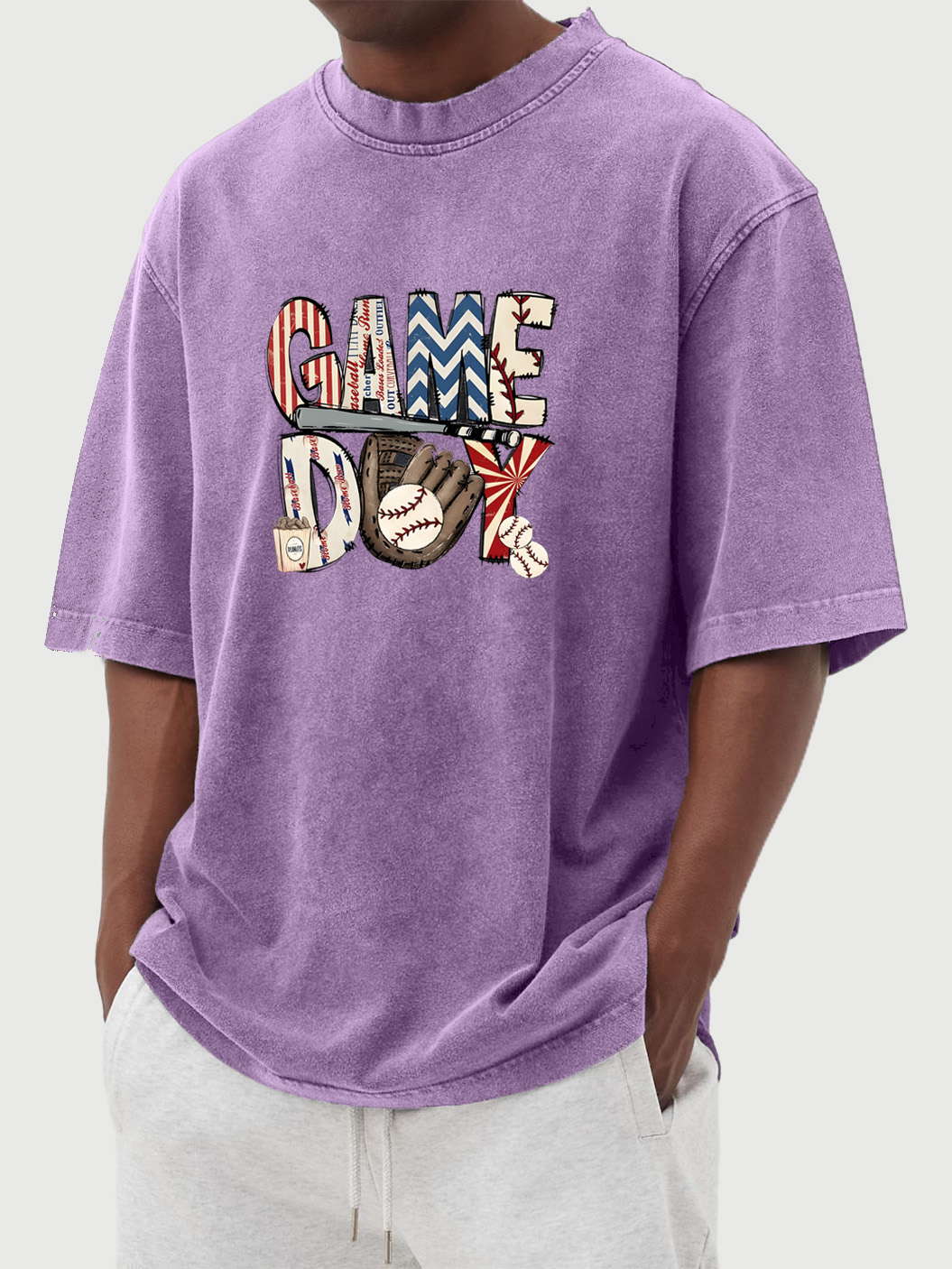 Men's Vintage Washed Baseball Game Day Printed Short-sleeved T-shirt