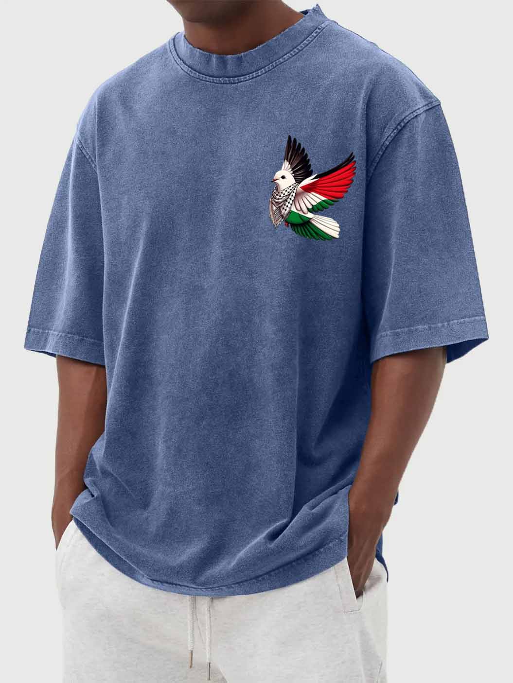 Men's Fashion Vintage Washed Peace Dove Print Short Sleeve T-Shirt
