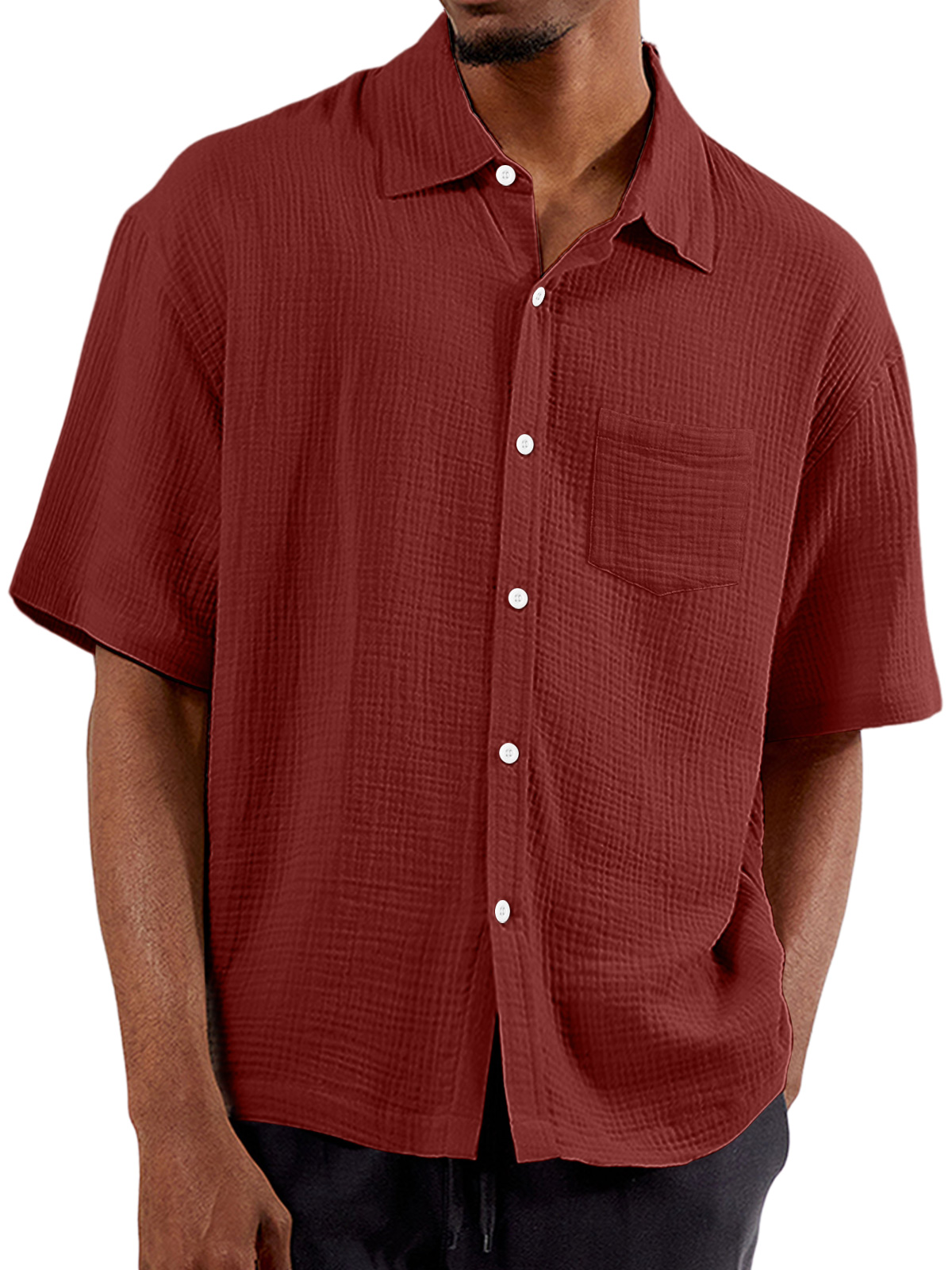 Men's Summer Solid Color Pleated Lapel Pocket Comfort Short Sleeve Shirt