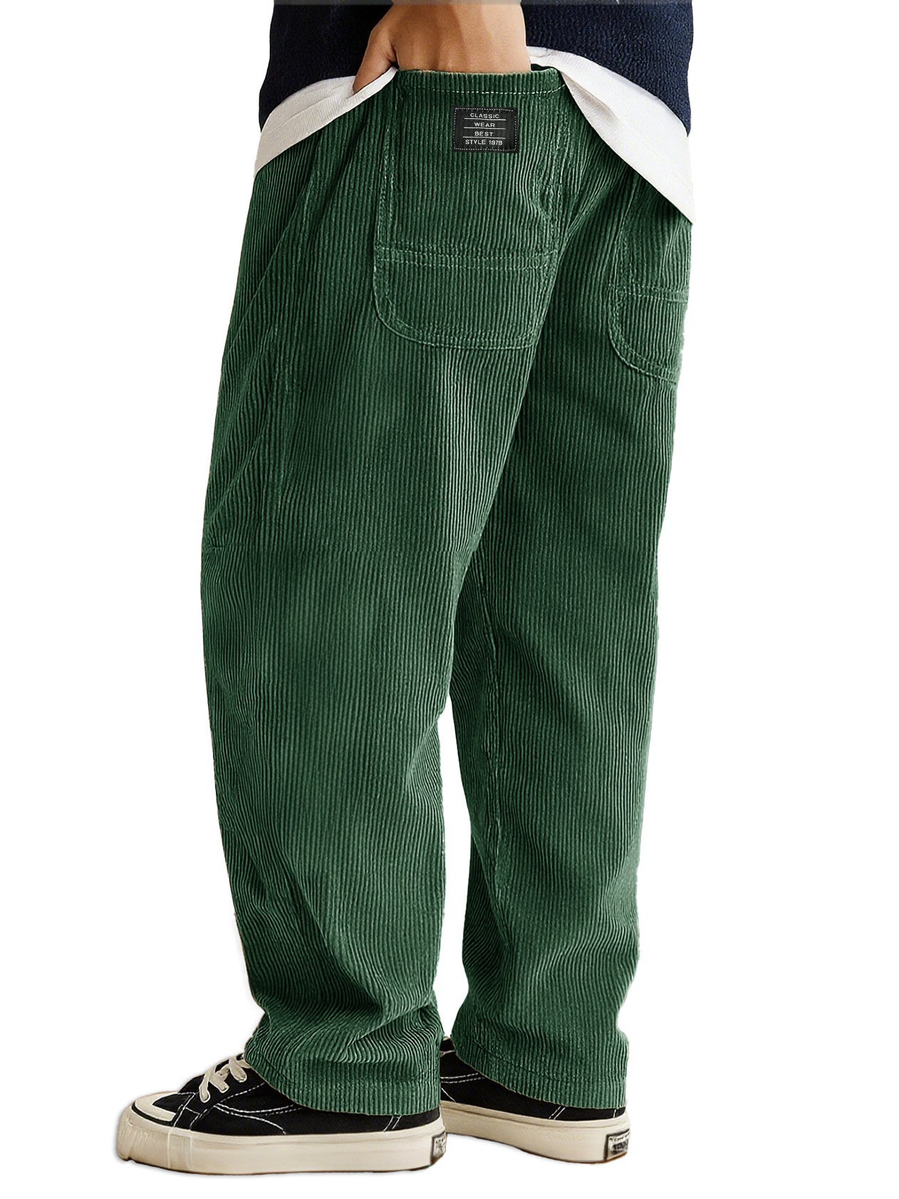 Men's Stylish Everyday Corduroy Ribbed Fabric Pants With Loose-fitting Drawstring Waist And Embroidered Logo