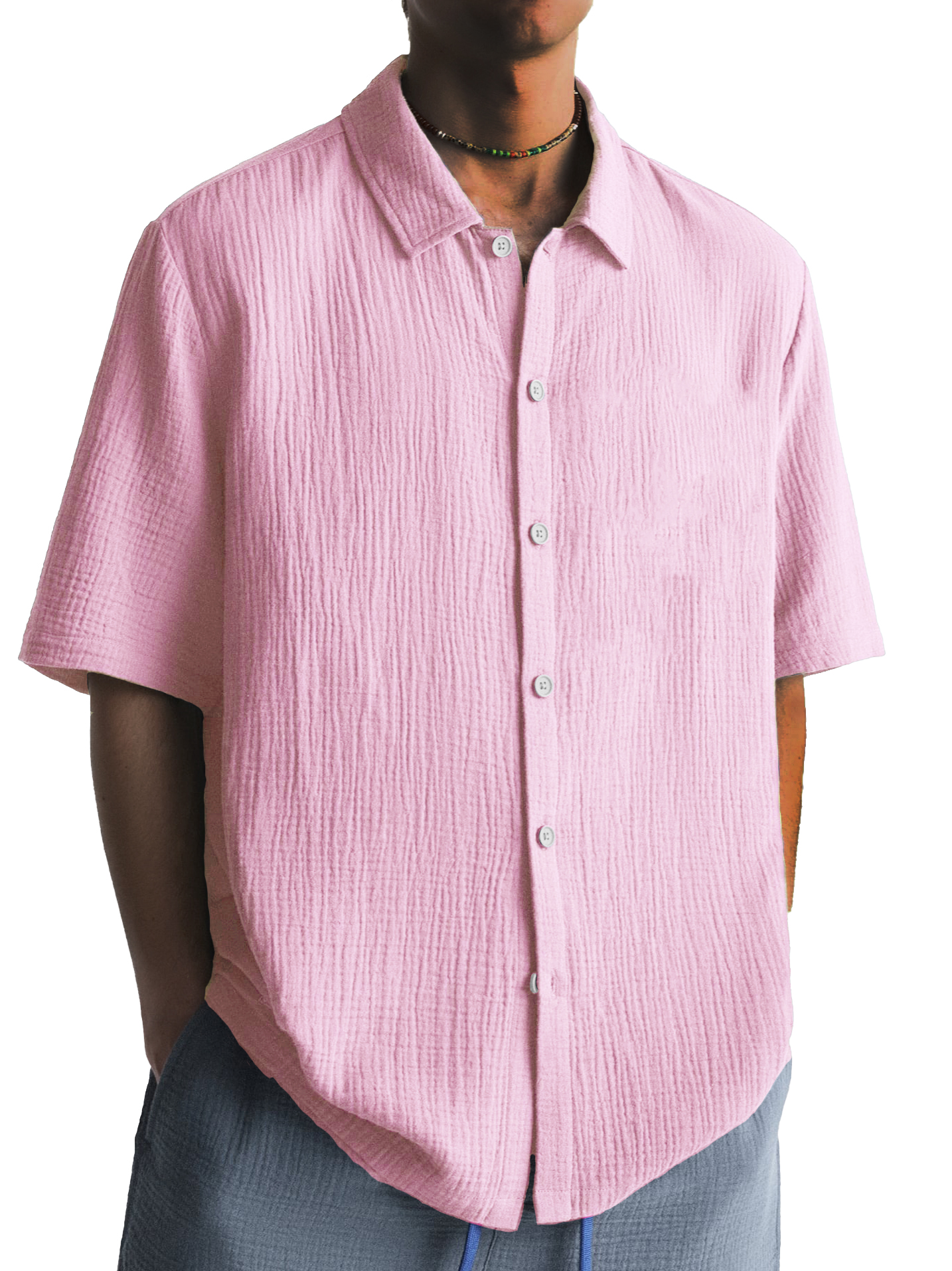 Men's Fashion Pleated Casual Lapel Short Sleeve Shirt