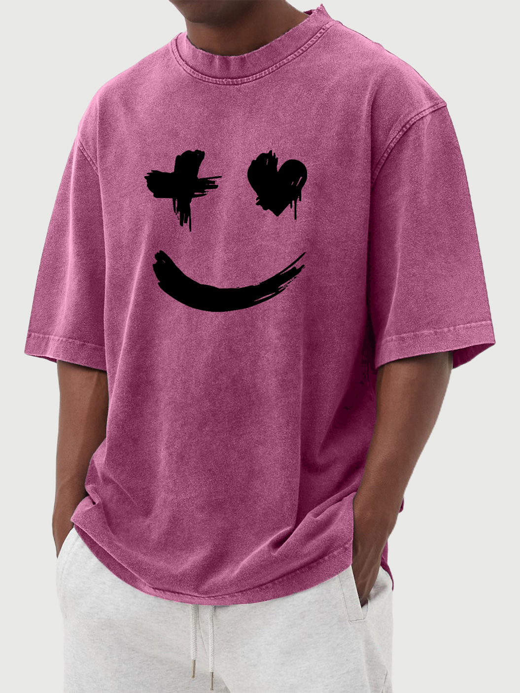 Men's vintage washed distressed heart smile print short-sleeved T-shirt