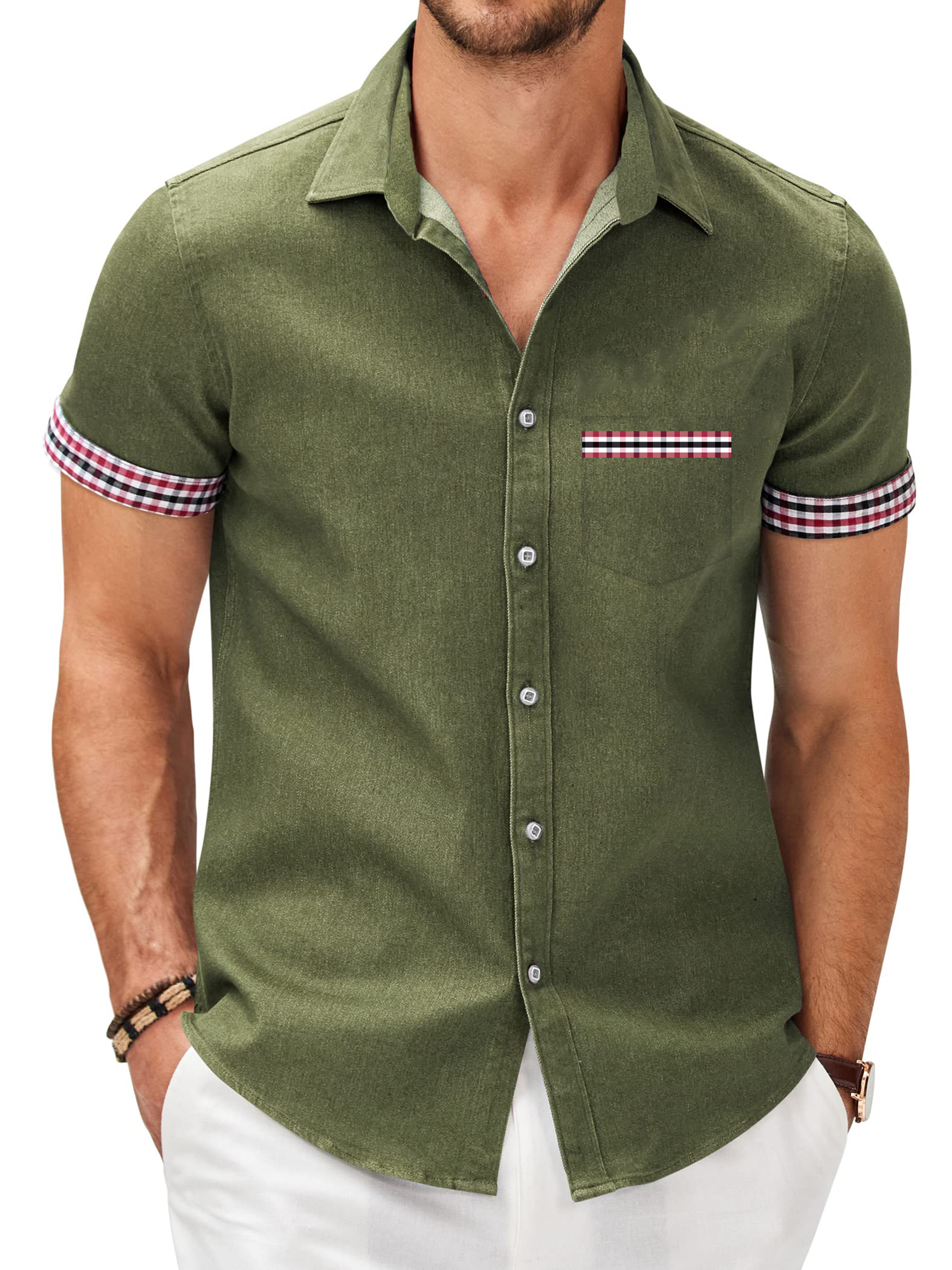 Men's Patchwork Plaid Print Pocket Short Sleeve Shirt