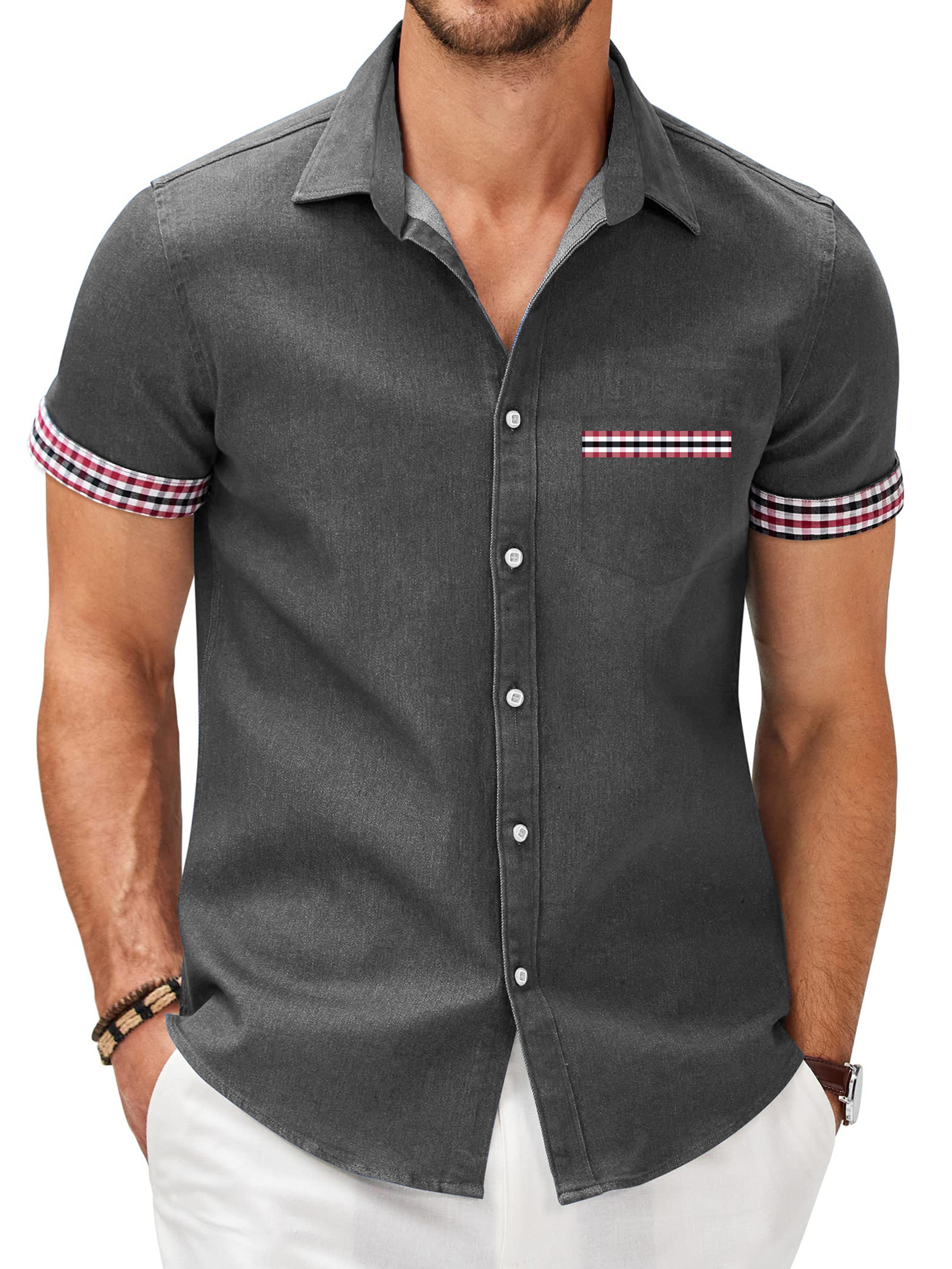 Men's Patchwork Plaid Print Pocket Short Sleeve Shirt
