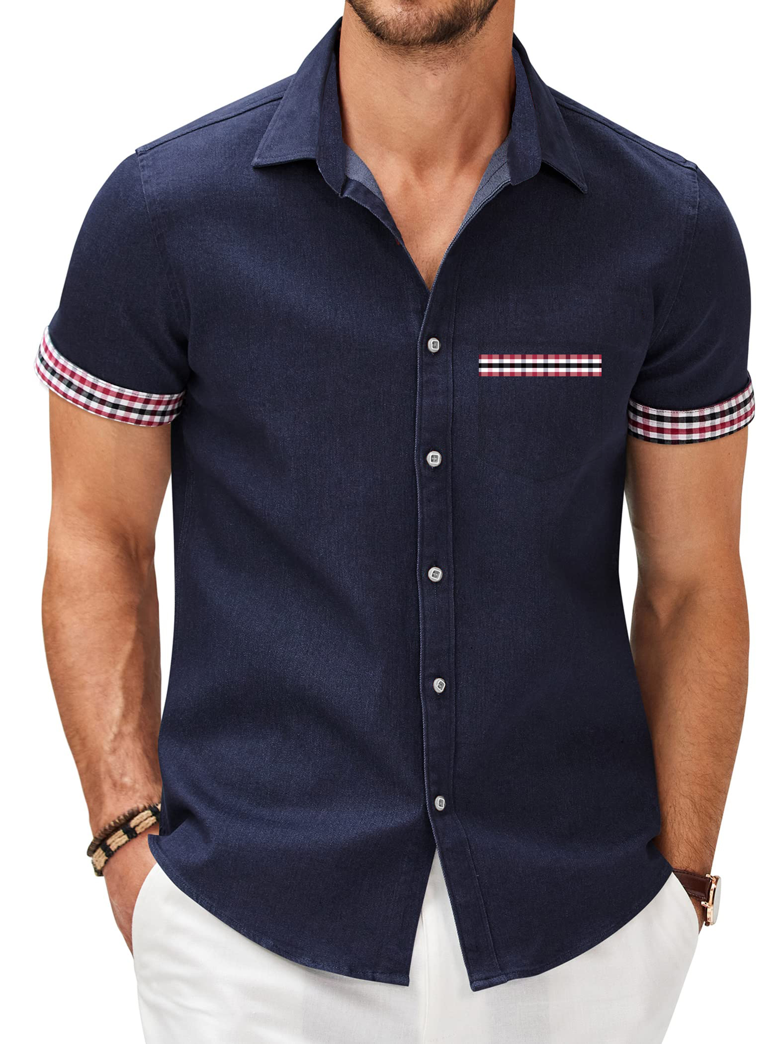 Men's Patchwork Plaid Print Pocket Short Sleeve Shirt