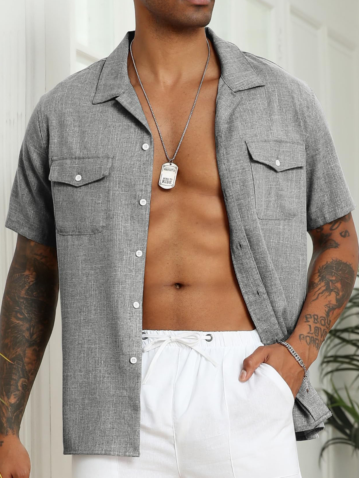 Men's Cotton And Linen Double Pocket Cuban Collar Basic Casual Short Sleeve Shirt