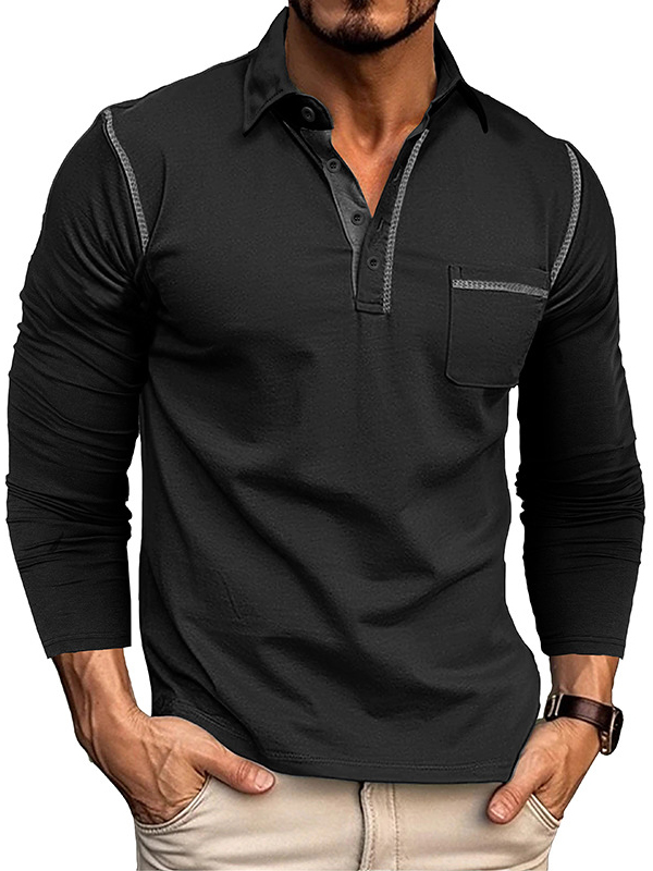 Men's Casual Cotton Lapel Pocket Long Sleeve Polo Shirt