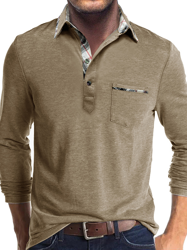 Men's Business Spliced ​​Lapel Pocket Long Sleeve Polo Shirt