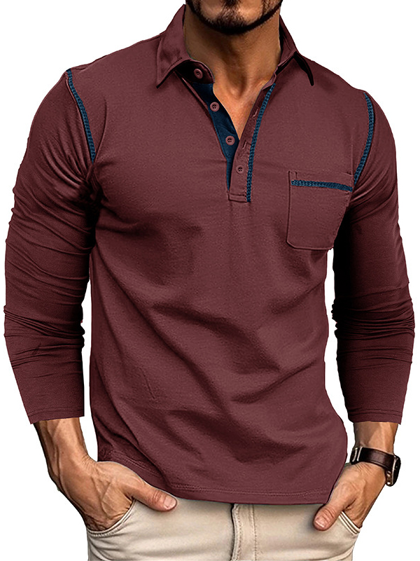 Men's Casual Cotton Lapel Pocket Long Sleeve Polo Shirt