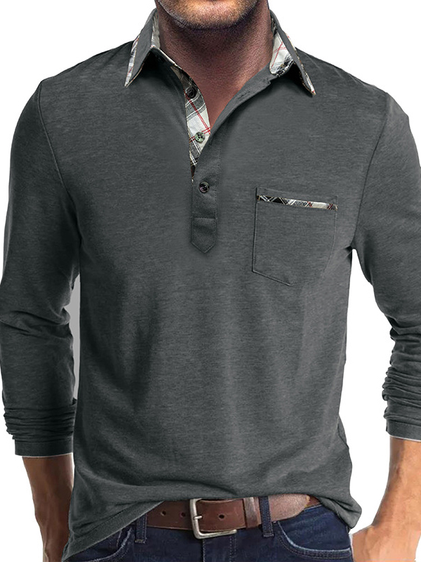 Men's Business Spliced ​​Lapel Pocket Long Sleeve Polo Shirt