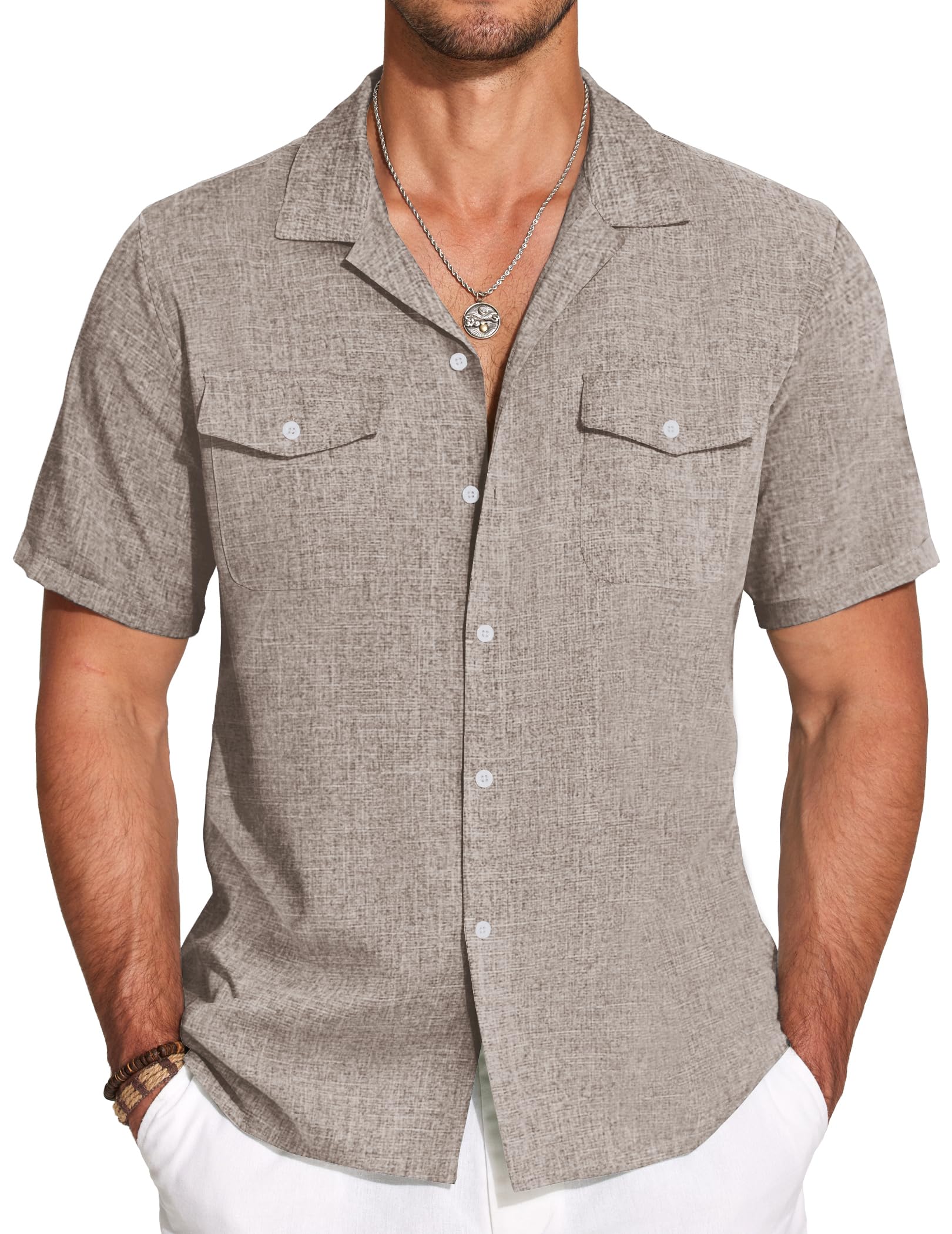 Men's Cotton And Linen Double Pocket Cuban Collar Basic Casual Short Sleeve Shirt
