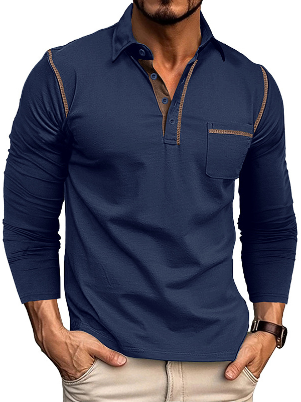 Men's Casual Cotton Lapel Pocket Long Sleeve Polo Shirt