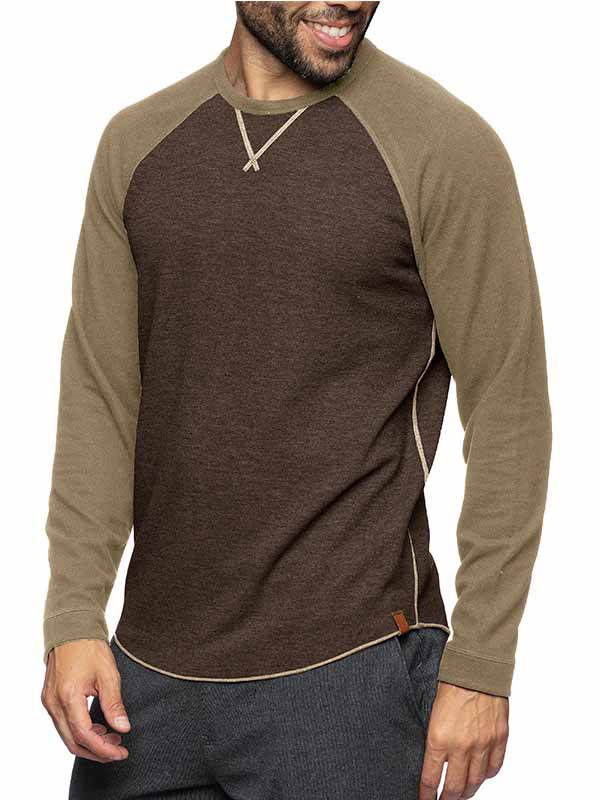 Men's Casual Round Neck Patchwork Long-Sleeved Pure Cotton Bottoming T-shirt