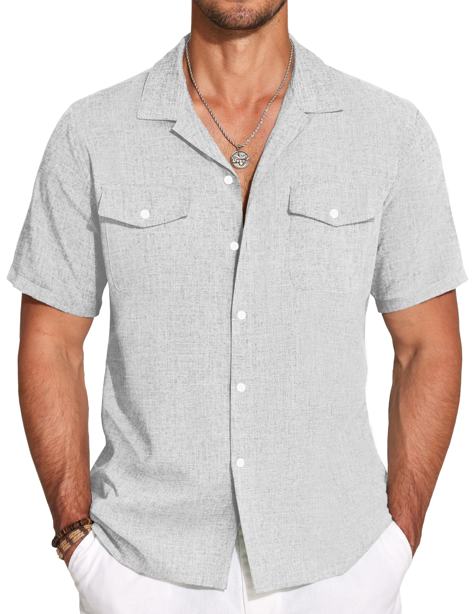 Men's Cotton And Linen Double Pocket Cuban Collar Basic Casual Short Sleeve Shirt