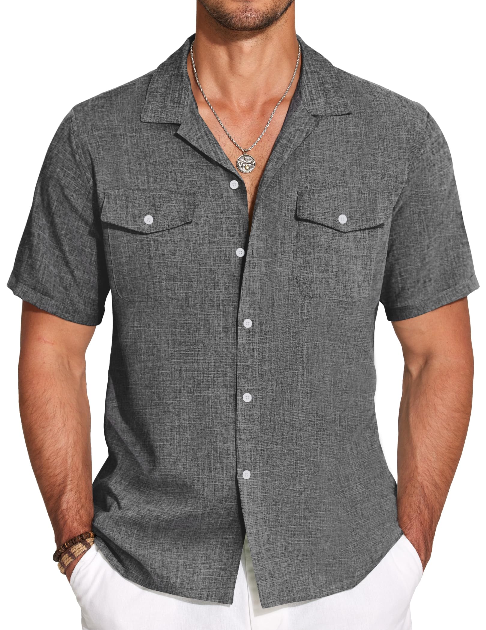 Men's Cotton And Linen Double Pocket Cuban Collar Basic Casual Short Sleeve Shirt