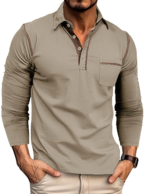 Men's Casual Cotton Lapel Pocket Long Sleeve Polo Shirt