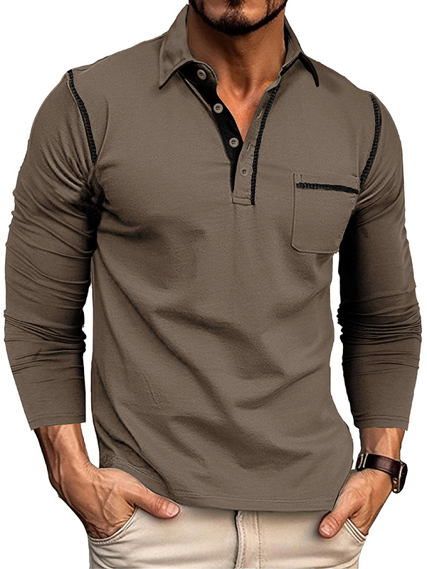 Men's Casual Cotton Lapel Pocket Long Sleeve Polo Shirt