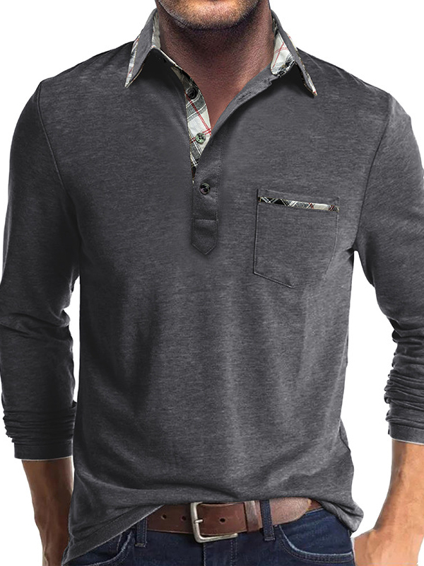 Men's Business Spliced ​​Lapel Pocket Long Sleeve Polo Shirt