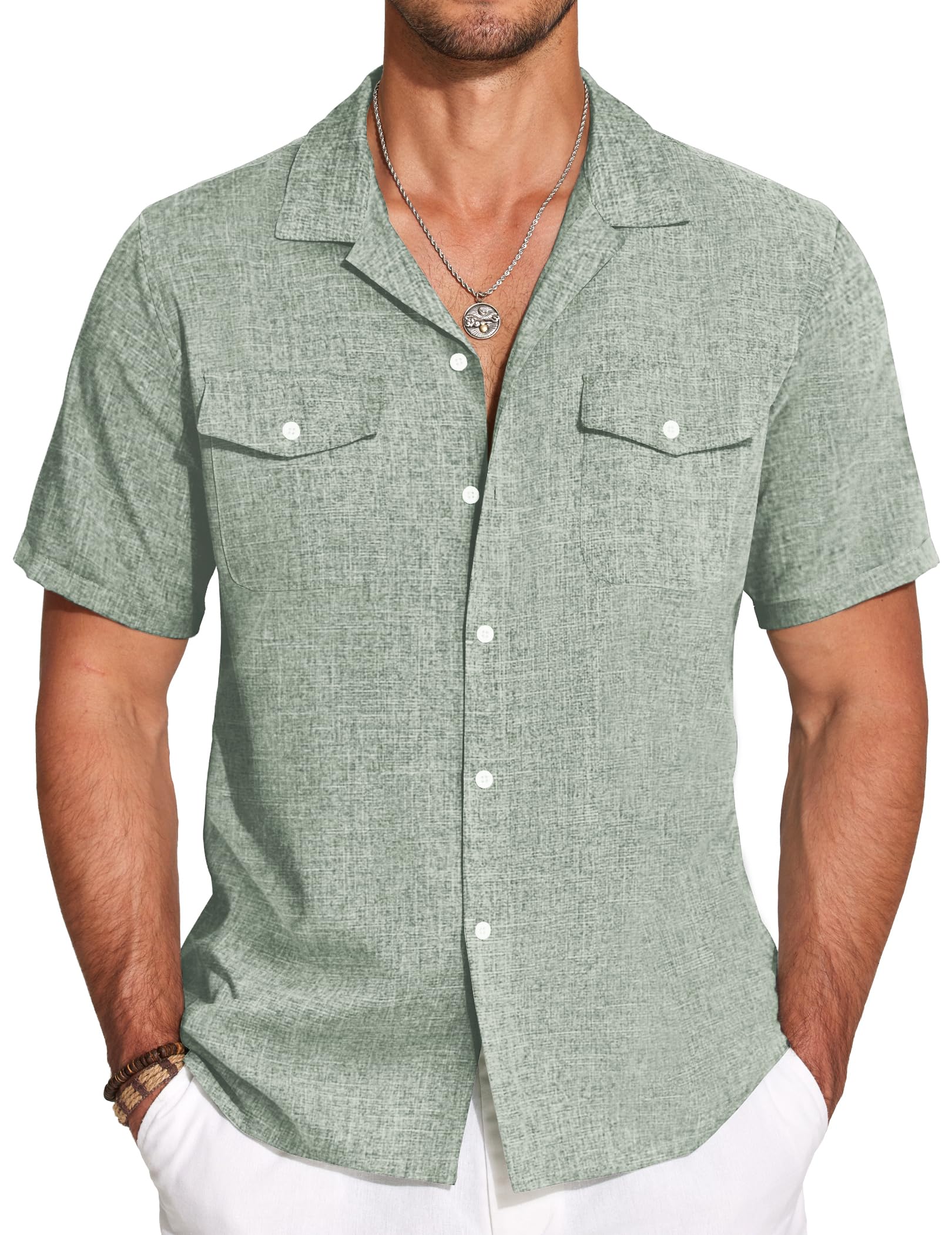Men's Cotton And Linen Double Pocket Cuban Collar Basic Casual Short Sleeve Shirt