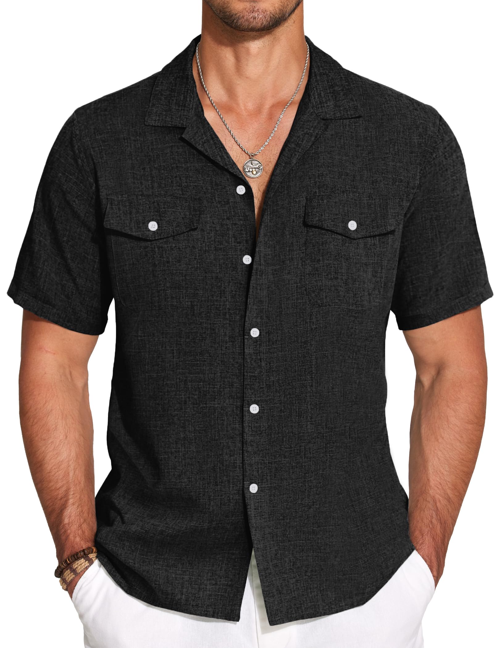 Men's Cotton And Linen Double Pocket Cuban Collar Basic Casual Short Sleeve Shirt