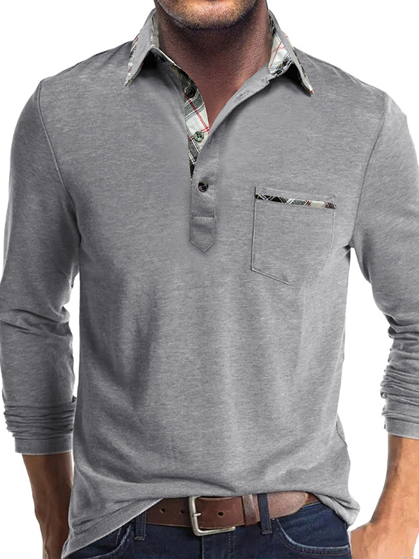 Men's Business Spliced ​​Lapel Pocket Long Sleeve Polo Shirt