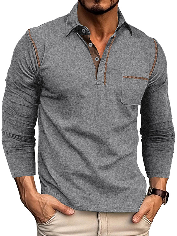 Men's Casual Cotton Lapel Pocket Long Sleeve Polo Shirt