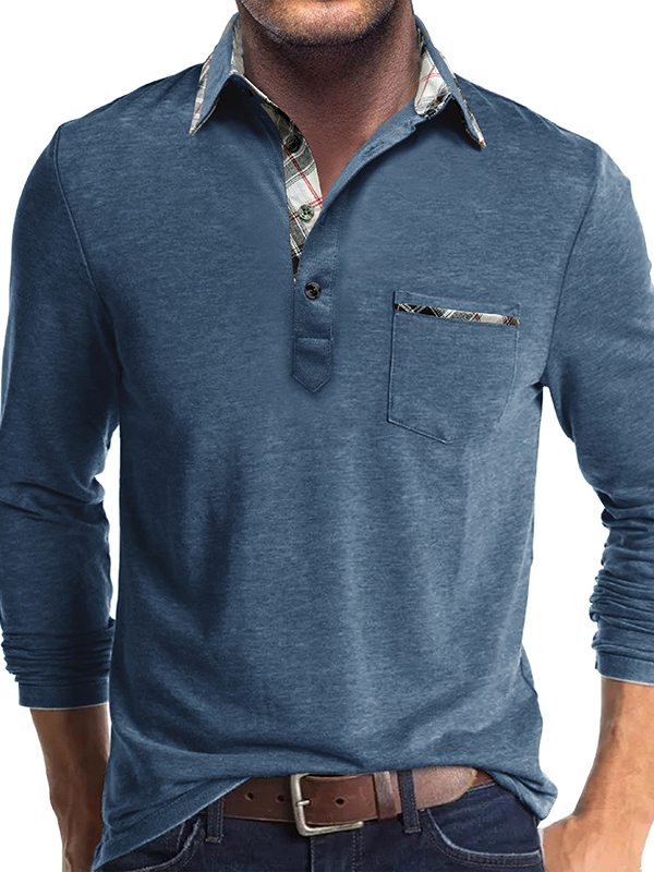 Men's Business Spliced ​​Lapel Pocket Long Sleeve Polo Shirt