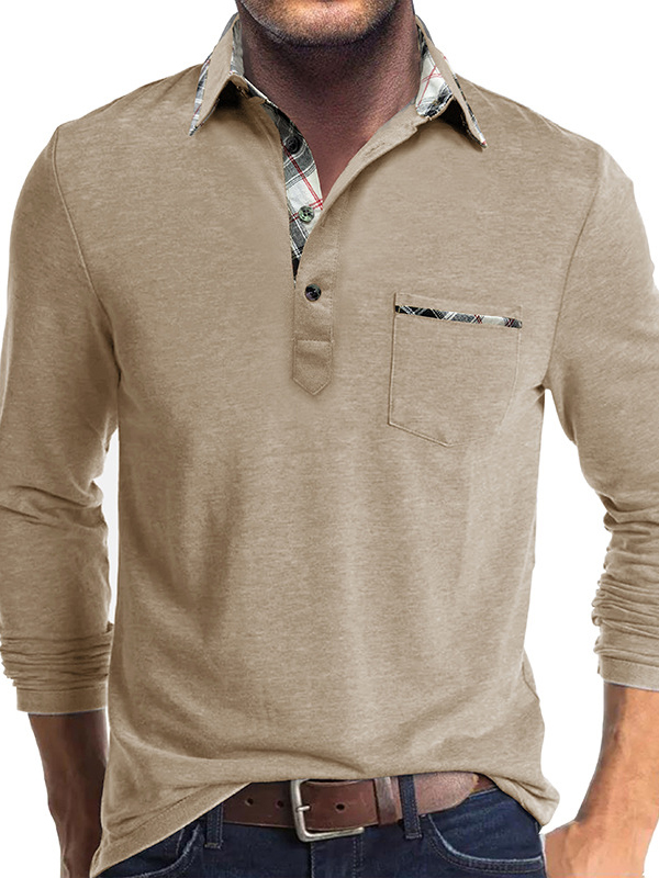 Men's Business Spliced ​​Lapel Pocket Long Sleeve Polo Shirt
