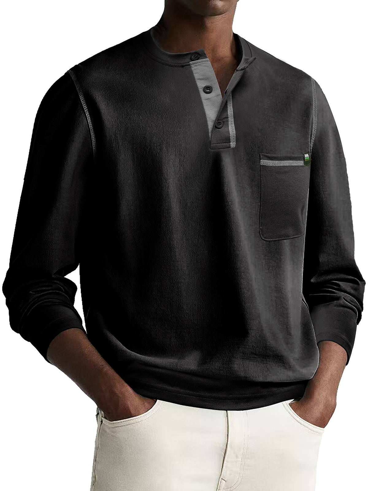 Men's Fashion Casual Patchwork Long Sleeve Pocket Henley