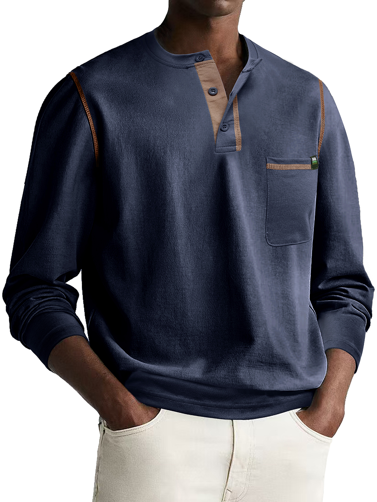 Men's Fashion Casual Patchwork Long Sleeve Pocket Henley