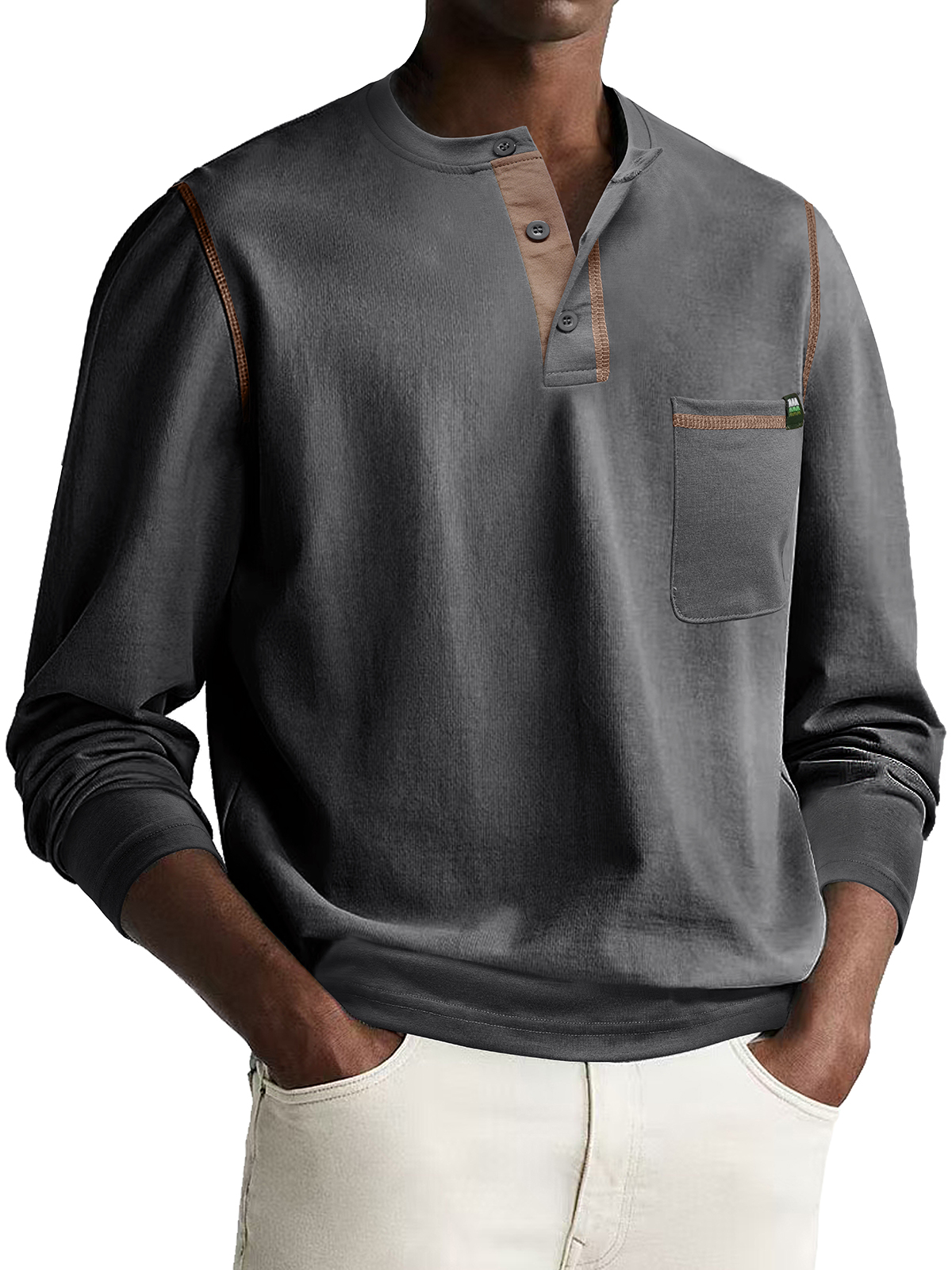 Men's Fashion Casual Patchwork Long Sleeve Pocket Henley