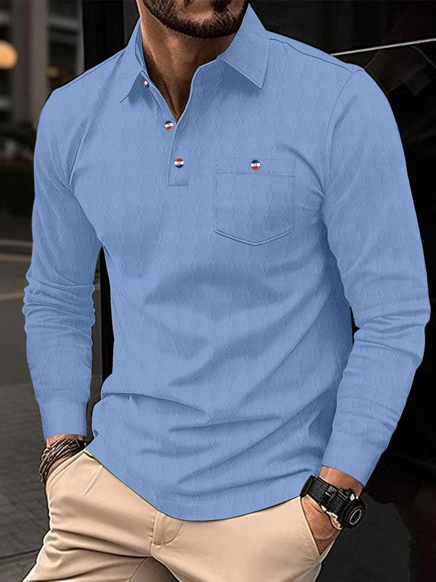 High Quality Men's Pocket Long Sleeve Jacquard Lapel Polo