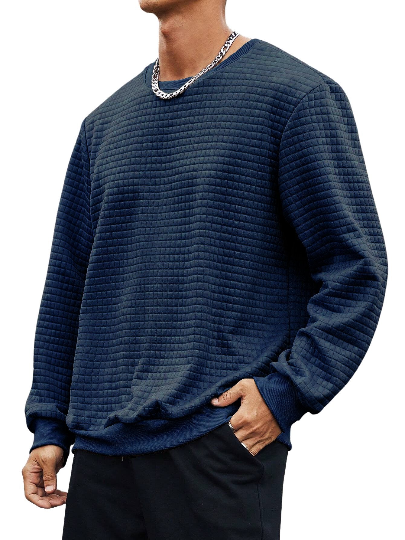 Men's Small Square Waffle Fabric Round Neck Long-sleeved Sweatshirt
