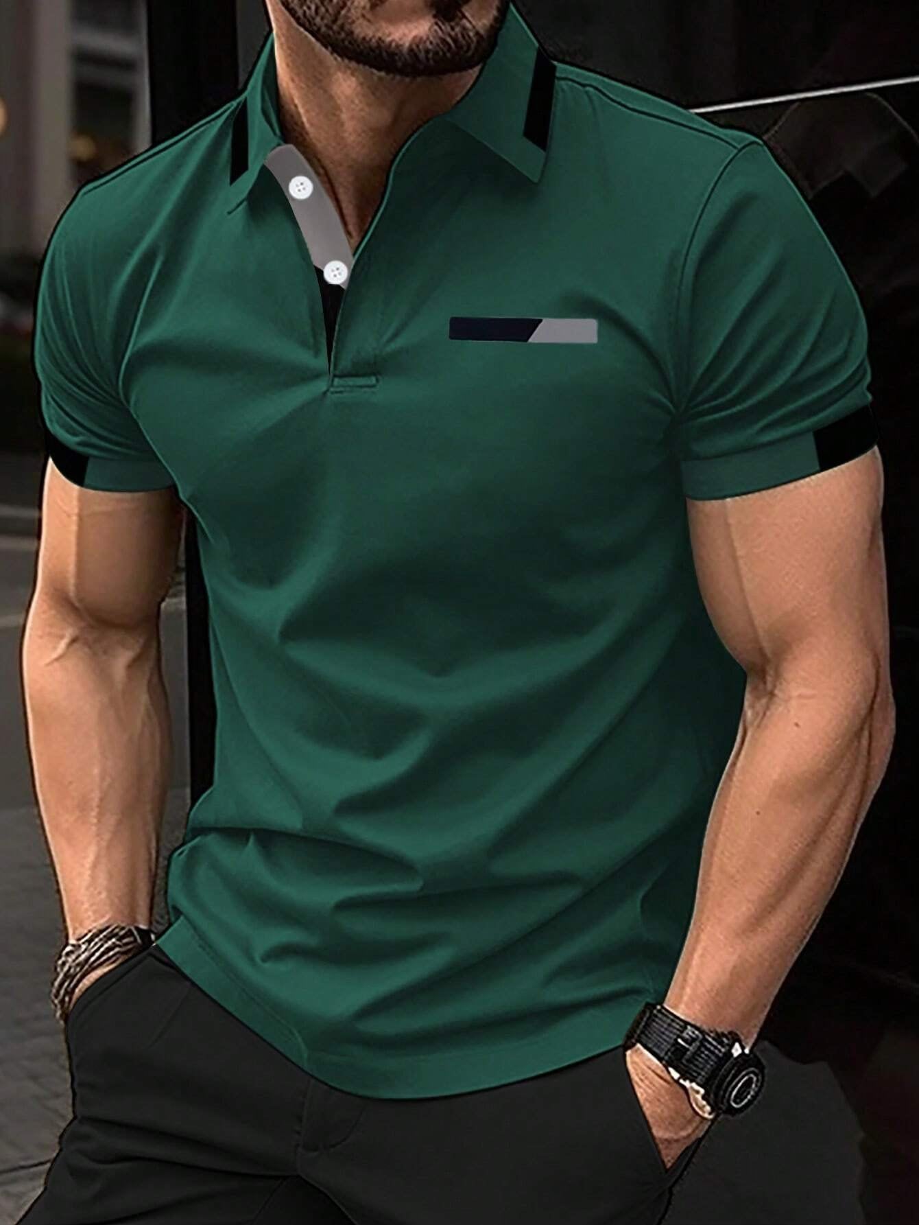 Men's Fashionable Fake Pocket Printed Patchwork Short Sleeve Polo Shirt