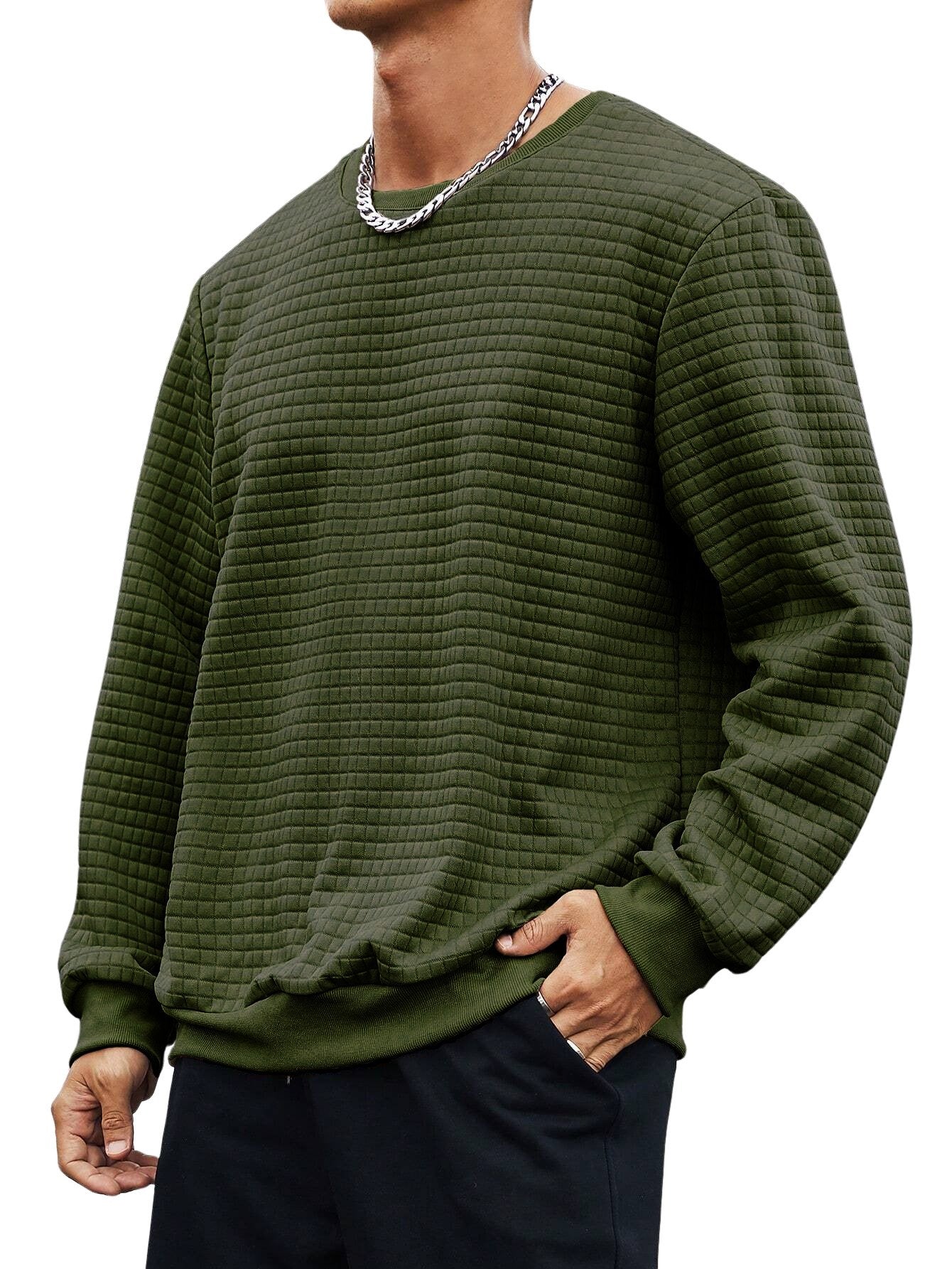 Men's Small Square Waffle Fabric Round Neck Long-sleeved Sweatshirt