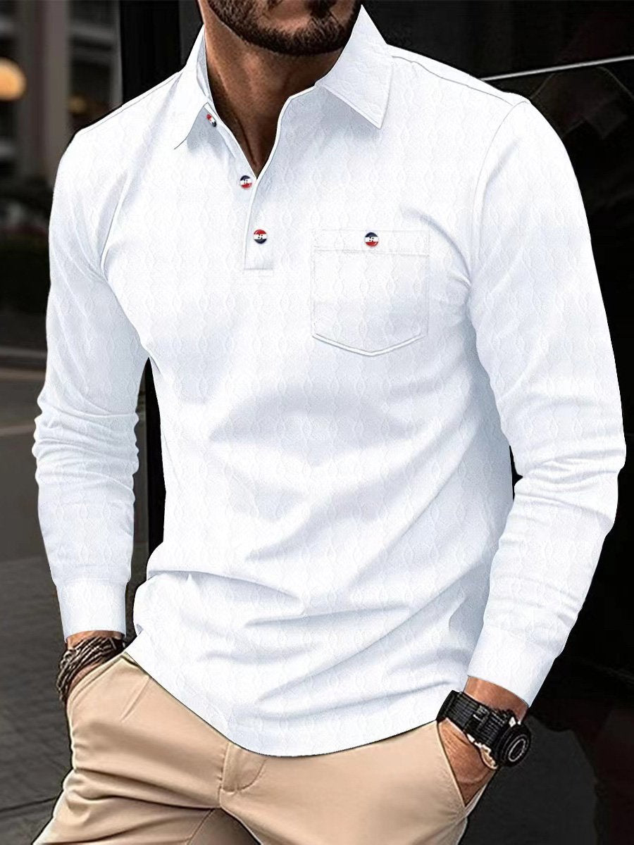 High Quality Men's Pocket Long Sleeve Jacquard Lapel Polo