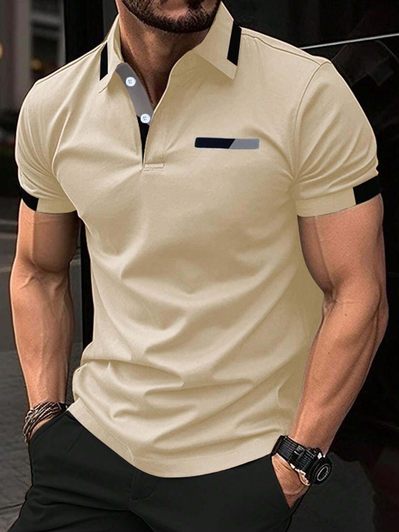 Men's Fashionable Fake Pocket Printed Patchwork Short Sleeve Polo Shirt