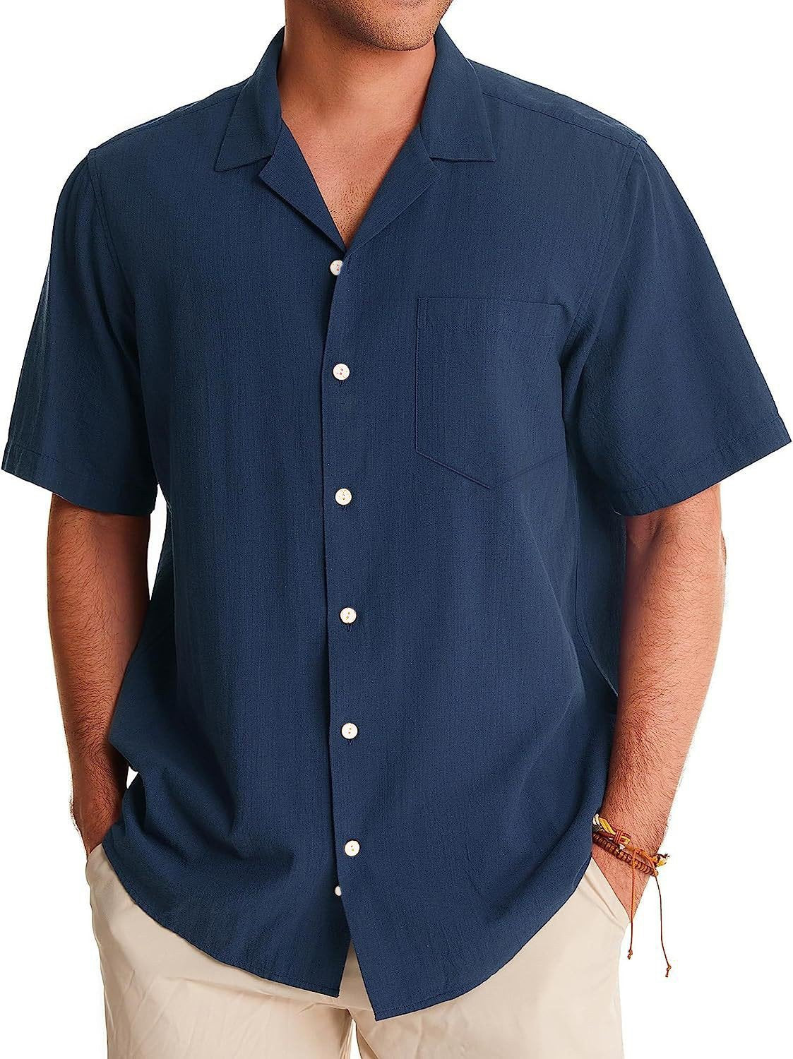 Men's Fashion Casual Cuban Collar Pocket Short Sleeve Shirt