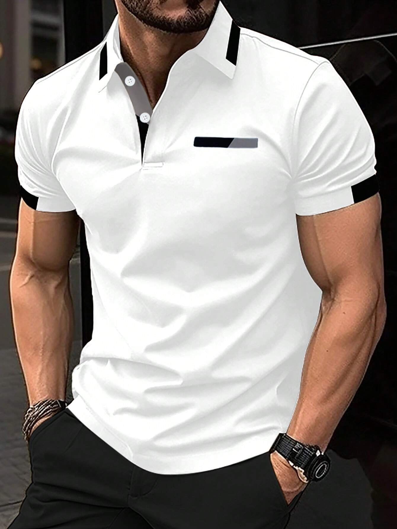 Men's Fashionable Fake Pocket Printed Patchwork Short Sleeve Polo Shirt