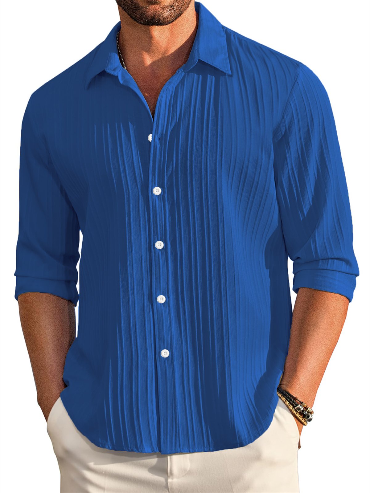 Men's Casual Comfortable Loose Textured Long Sleeve Shirt