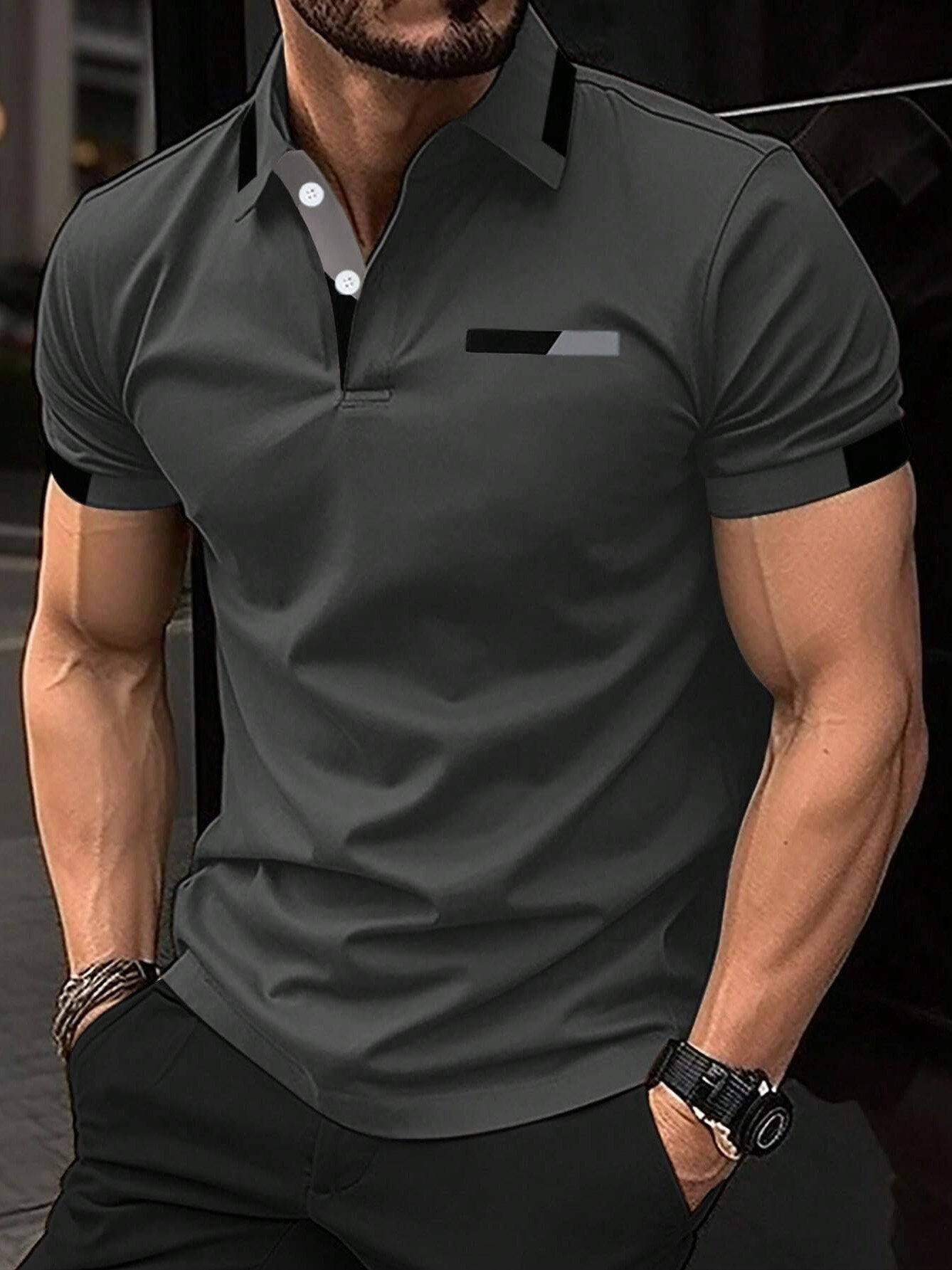 Men's Fashionable Fake Pocket Printed Patchwork Short Sleeve Polo Shirt