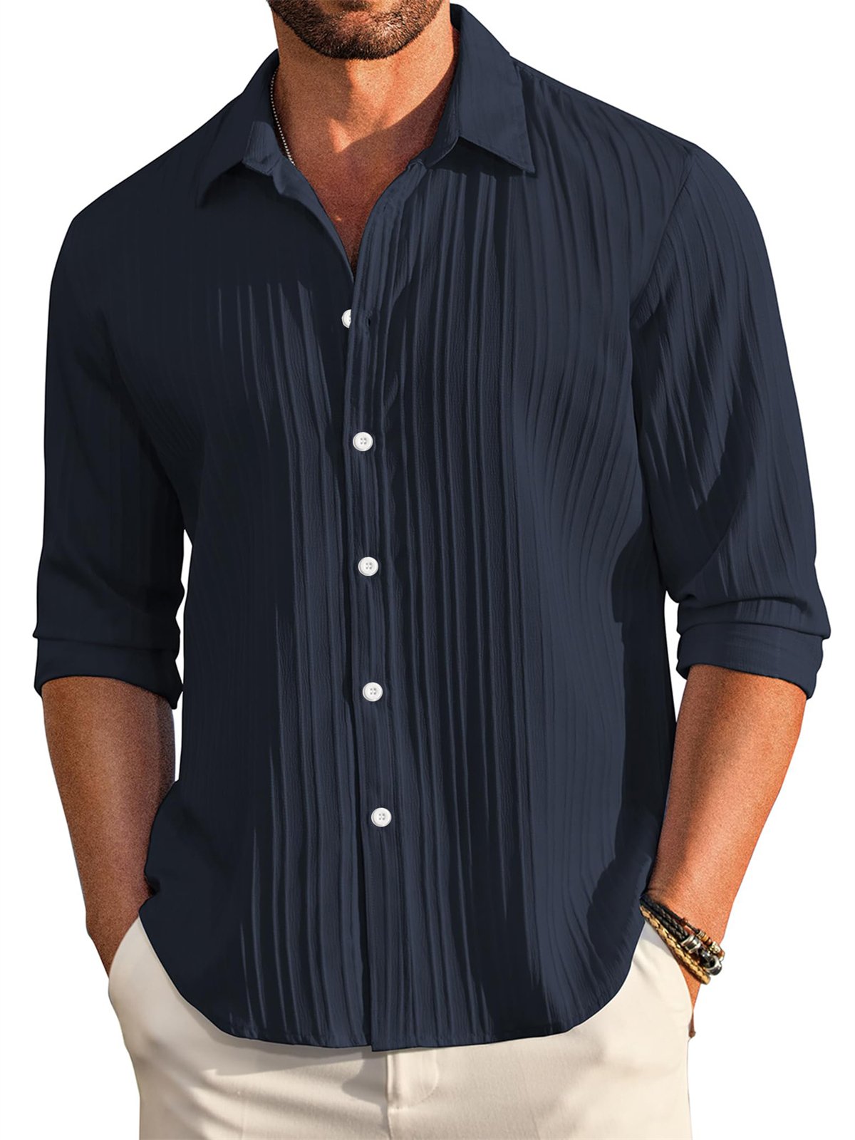 Men's Casual Comfortable Loose Textured Long Sleeve Shirt